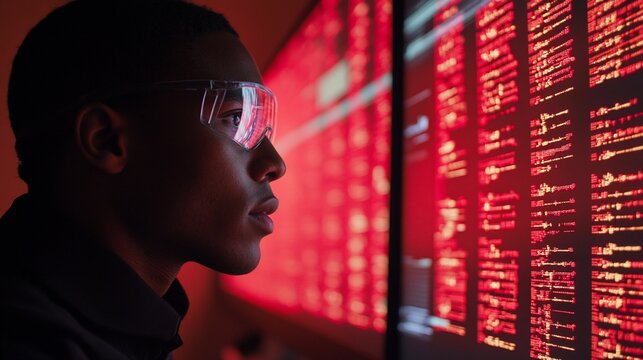 Focused programmer reviewing red code on large screen.