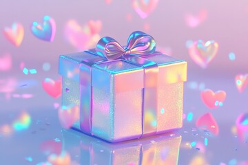 Shimmering gift box surrounded by colorful hearts creates joyful
