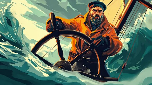 Experienced seaman bravely navigates a ship through rough waters, skillfully handling the helm amidst towering waves and challenging conditions