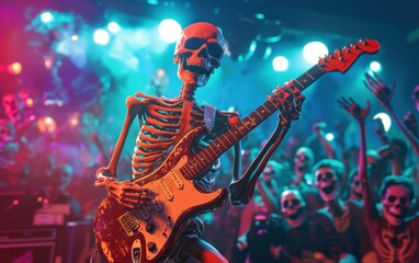 Obraz premium Skeleton musician playing an electric guitar on a brightly lit stage, with a skeleton audience cheering in the background