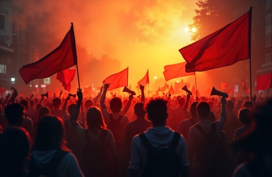 Massive protest crowd rallies under orange sunset light. People raise flags, megaphones during revolution demonstration. Silhouettes of protestors evoke strong political, social themes. Large group