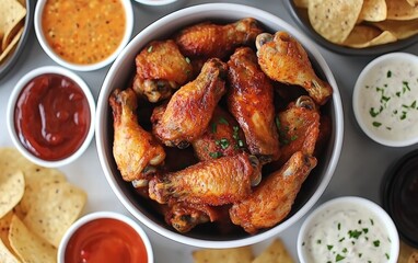 A bowl of spicy chicken wings surrounded by dipping sauces and chips, perfect for a game-day party spread