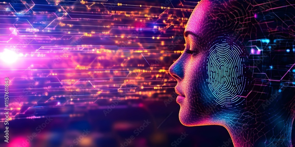 Poster a digital representation of a woman's profile with abstract technology and fingerprint patterns, sym