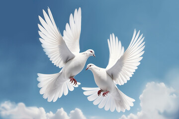 A pair of white doves is a symbol of love and peace in bright sunlight against a blue sky.