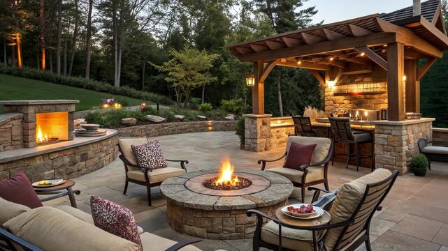 Warm fire pit illuminating a cozy outdoor patio with comfortable cushioned seats, a wooden pergola, and a stone outdoor kitchen under a twilight sky
