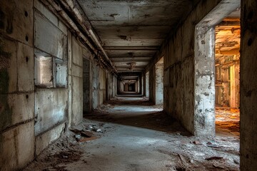 Obraz premium Desolate corridors reveal the haunting beauty of abandoned architecture at dusk