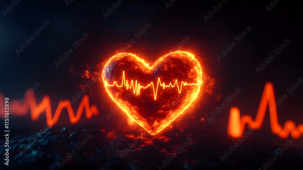 Poster a glowing heart shape with an electrocardiogram line pulsating rhythmically in a dark background rep