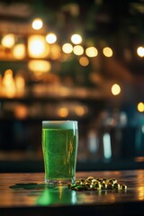 Enjoying a refreshing green drink at a lively bar during the evening