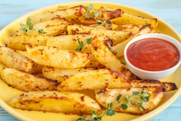 Oven baked potato served with tomato sauce.
