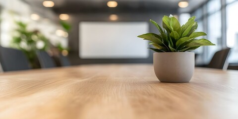 Fototapeta premium A potted plant on a wooden table in a modern conference room with a blurred background. Concept Potted Plant Decor, Modern Conference Room, Wooden Table Setup, Blurred Background Aesthetic