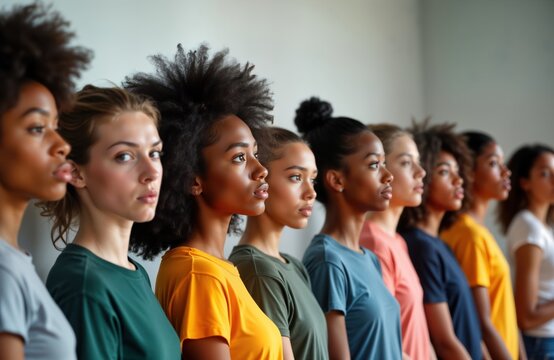 Diverse group of young people standing in line looking forward confidently. Women, men of various ethnicities wear casual attire. Show unity, solidarity. Potential scenarios include social issues