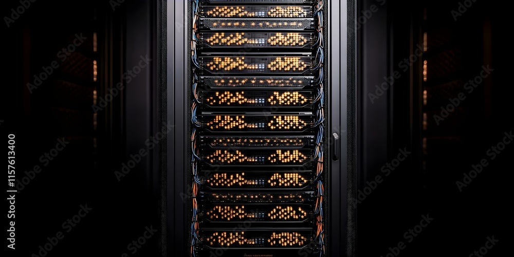 Poster a server rack filled with multiple data storage units, showcasing glowing indicators and a dark, hig