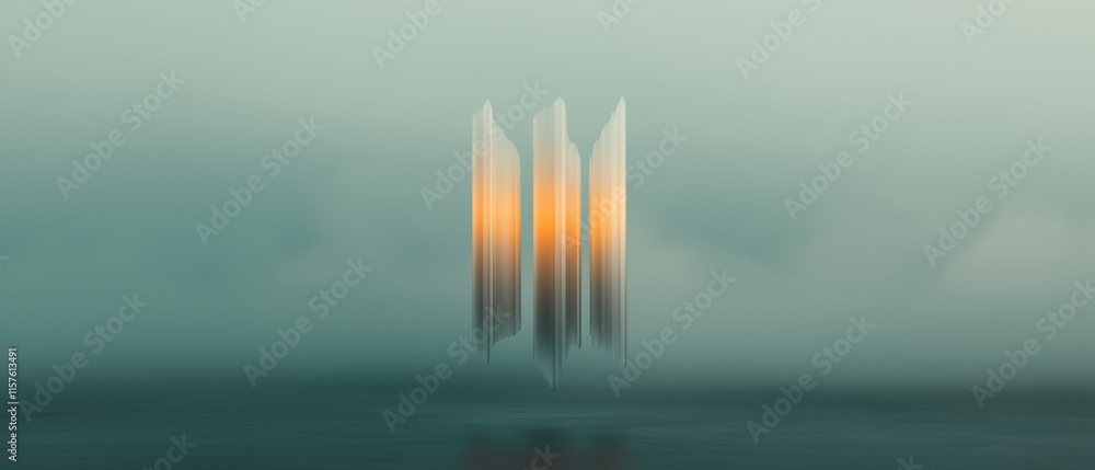 Poster a blurry image of a building with three pillars and a cloudy sky