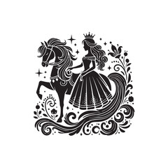Black Color Princess with horse silhouette design Vector Illustration, Solid White Background 6.eps