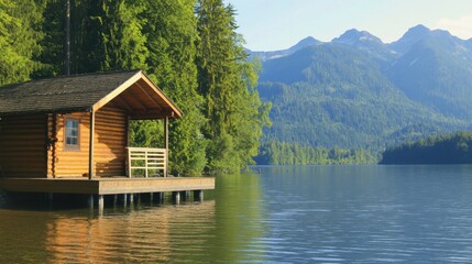 Fototapeta premium Tranquil Wooden Cabin Near Serene Lake with Mountain Landscape Backdrop