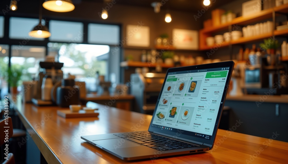 Poster Laptop computer on wooden table in cafe. Person using laptop to browse food menu online. Modern tech workspace in eatery. Online order system. Efficient digital payment system. Remote work in cafe.