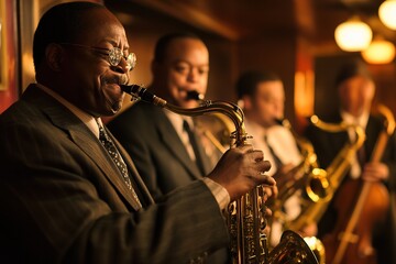 Jazz musicians perform passionately in an intimate setting, capt