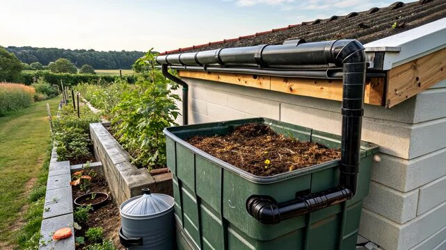 Rainwater cascading through roof gutters into green ibc tote, demonstrating sustainable water conservation method for garden irrigation and eco friendly resource management
