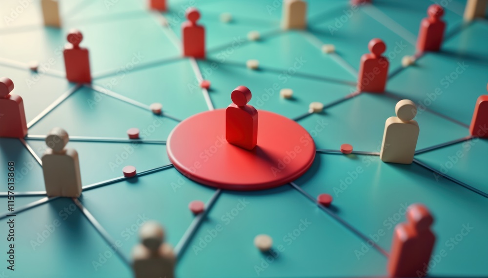 Poster illustration of business network concept. central figure red person icon. person icons connect to. n