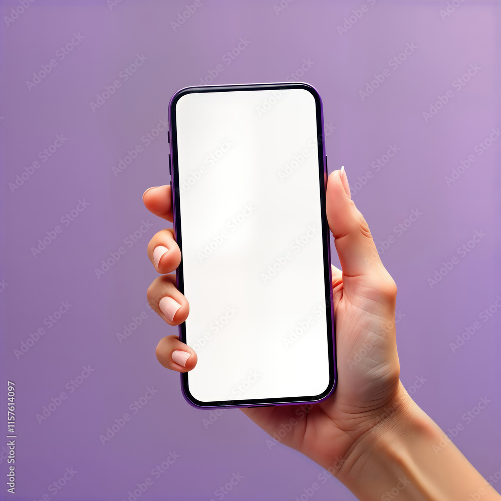 Fototapete hand holding modern purple smartphone with blank screen. isolated device mockup for app design web d