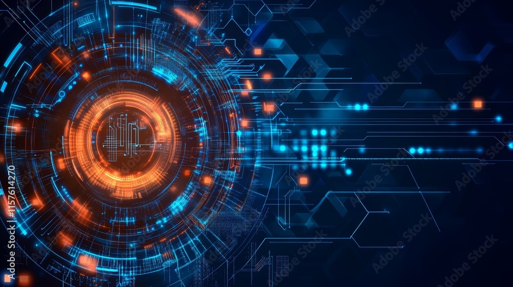 Poster Abstract technology background with glowing circles and lines.