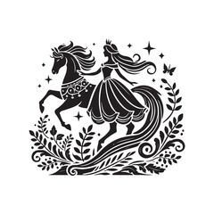 Black Color Princess with horse silhouette design Vector Illustration, Solid White Background 12.eps