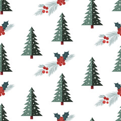 Christmas pattern with christmas tree, flowers, gifts on a light background. Seamless background perfect for use in textiles, wallpapers, and festive decorations.