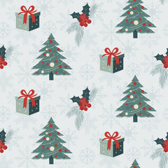 Christmas pattern with christmas tree, flowers, snowflakes, gifts on a light background. Seamless background perfect for use in textiles, wallpapers, and festive decorations.