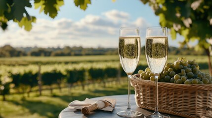 Two champagne glasses sit next to a picnic basket among lush vineyards, creating a romantic outdoor setting during golden hour
