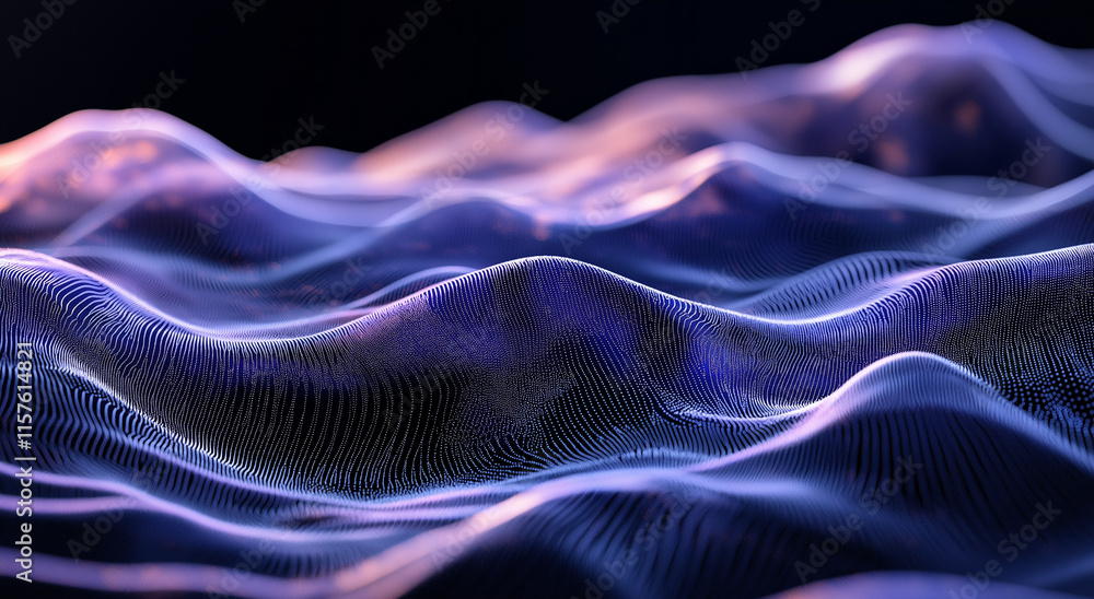 Poster 3d rendering of an abstract black background with flowing waves of particles and dots, embodying a f
