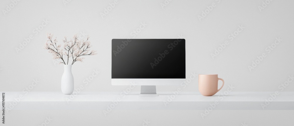 Poster a computer monitor sits on a table next to a vase of flowers