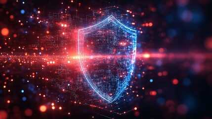 Fototapeta premium Shield representing cybersecurity surrounded by digital data streams