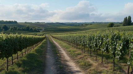 Fototapeta premium Green vineyards stretch across the landscape in Chablis, with sun rays breaking through leaves and a dirt path leading forward