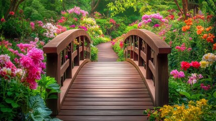 Fototapeta premium Stunning Wooden Bridge Through a Vibrant Garden