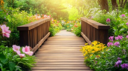 Wooden Bridge in a Vibrant Garden Pathway