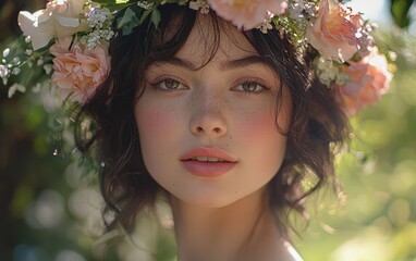 Naklejka premium A close-up portrait of a young woman with natural makeup, soft lighting, and a floral crown, set against a dreamy garden backdrop