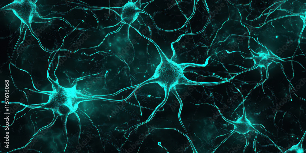 Poster a detailed view of neurons illuminated in bright blue, displaying their complex structures and conne