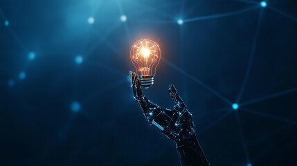 Robot Hand Holding Glowing Light Bulb Symbolizing Innovation Technology and Future Ideas on Blue Background