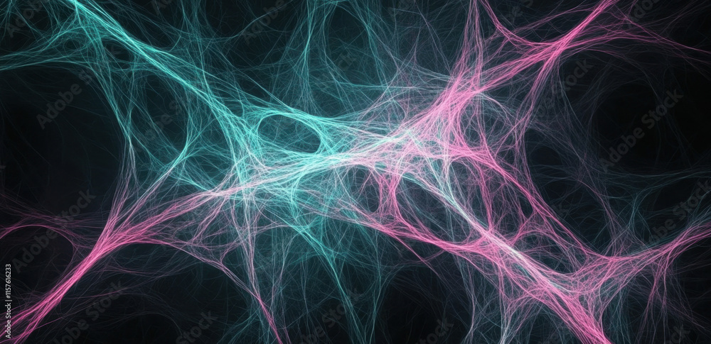 Poster a visually striking composition features intricate networks of pastel lines in shades of pink and te