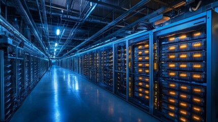 Fototapeta premium An advanced cryptocurrency mining facility powered by renewable energy sources, with digital displays showing carbon-neutral operations,