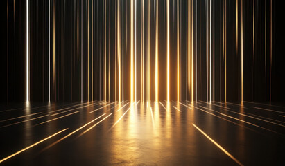 Bright, vertical light rays pierce through a dark space, illuminating the area with a glowing golden hue. The reflective surface enhances the striking contrast, creating a captivating atmosphere.