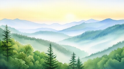 Fototapeta premium Serene Mountain Landscape with Lush Forests and Morning Mist at Sunrise