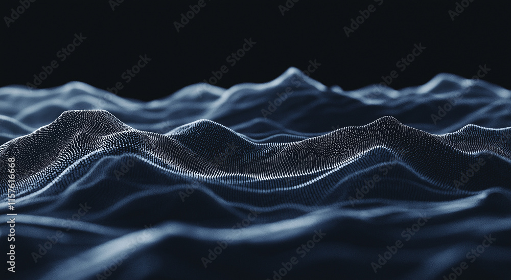 Poster 3d rendering of an abstract black background with flowing waves of particles and dots, embodying a f