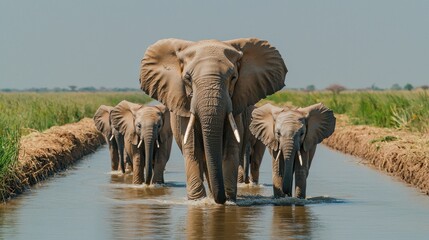 Fototapeta premium A family of elephants walks through shallow water, surrounded by lush green grasslands under a clear blue sky.