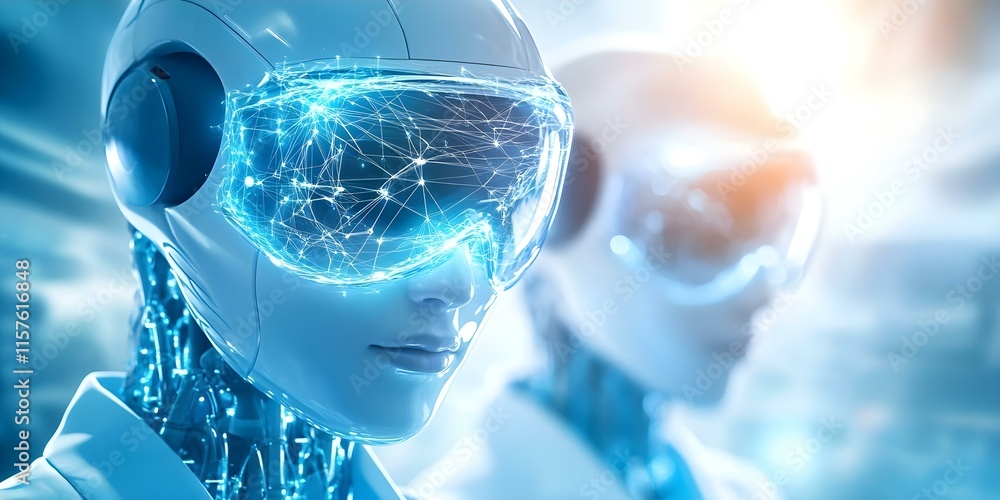 Poster two futuristic humanoid robots with glowing, network-inspired visors, suggesting advanced technology