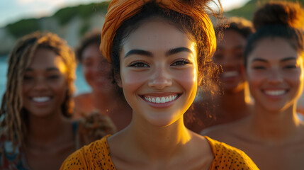A close-up portrait of an attractive young woman standing with her multiethnic women at the beach, all smiling and looking towards the camera. Group photography embodying sorority and diversity