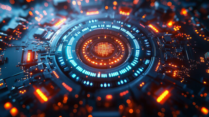 Obraz premium 3D render of a futuristic, abstract background with digital, round, glowing elements, computer chip and a circuit board in the center 