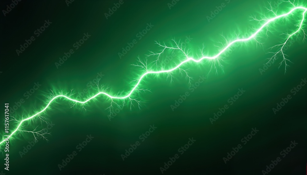 Poster abstract design with bright green electrical spark lightning. dynamic energy effect on deep green ba