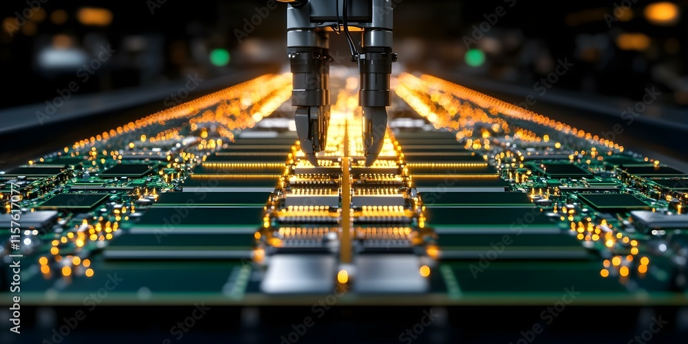 Poster a close-up of a robotic assembly line with circuit boards and glowing components, highlighting advan