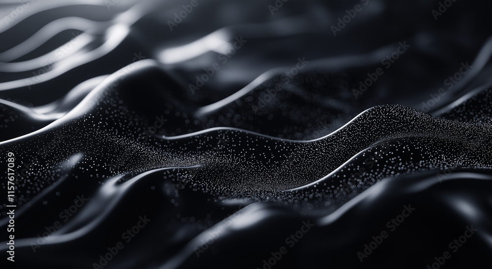 Aufkleber 3d rendering of an abstract black background with flowing waves of particles and dots, embodying a f